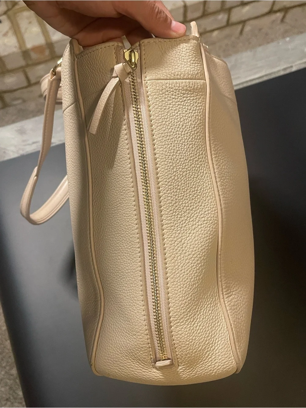 Tory Burch Ivy Side-Zip Leather Tote in Light Oak Pebbled Leather